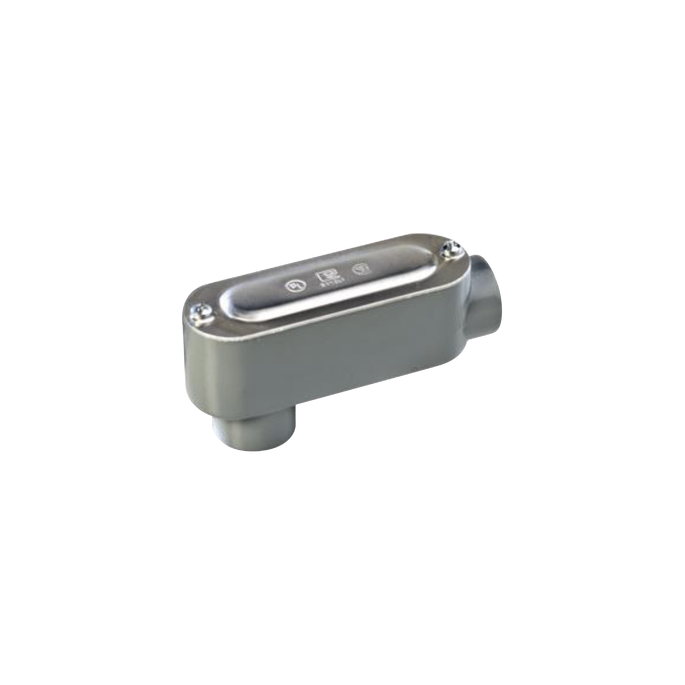 Caja oval roscada tipo LB de 1 1/2" (38.1mm) incluye tapa y tornillos.