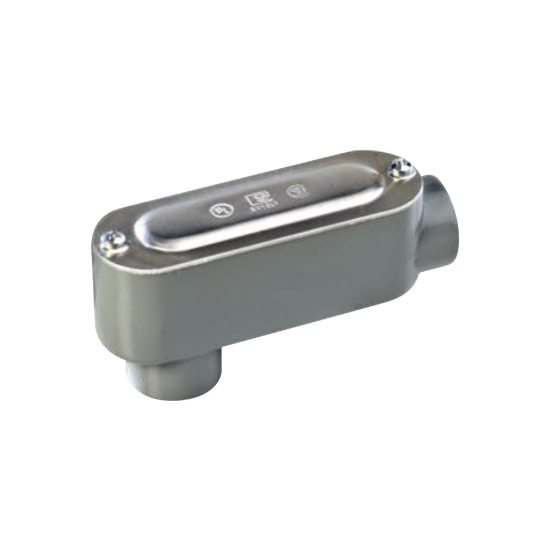 Caja oval roscada tipo LB de 1 1/2" (38.1mm) incluye tapa y tornillos.
