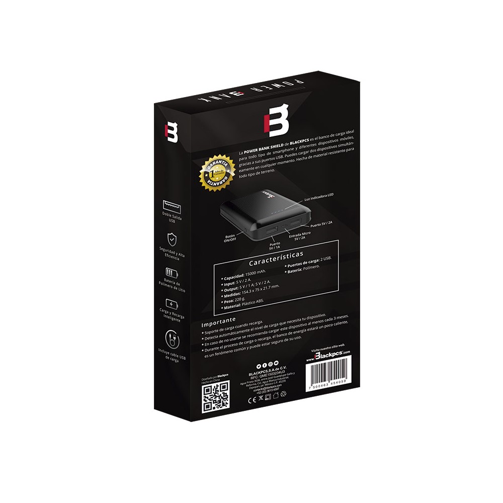 POWER BANK BLACKPCS SHIELD NEGRO 15000 MAH LED (EPBBL11-15000)