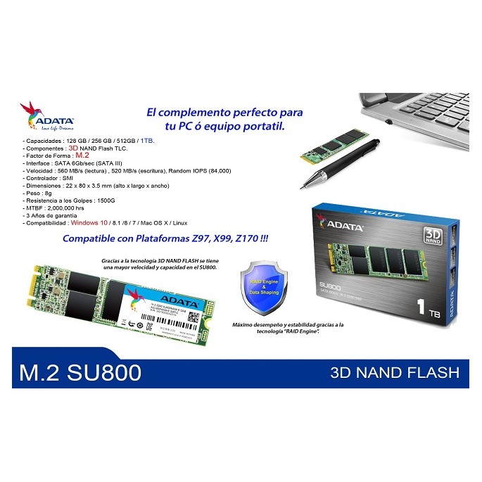 UNIDAD SSD M.2 ADATA SU800 2280 512GB (ASU800NS38-512GT-C)