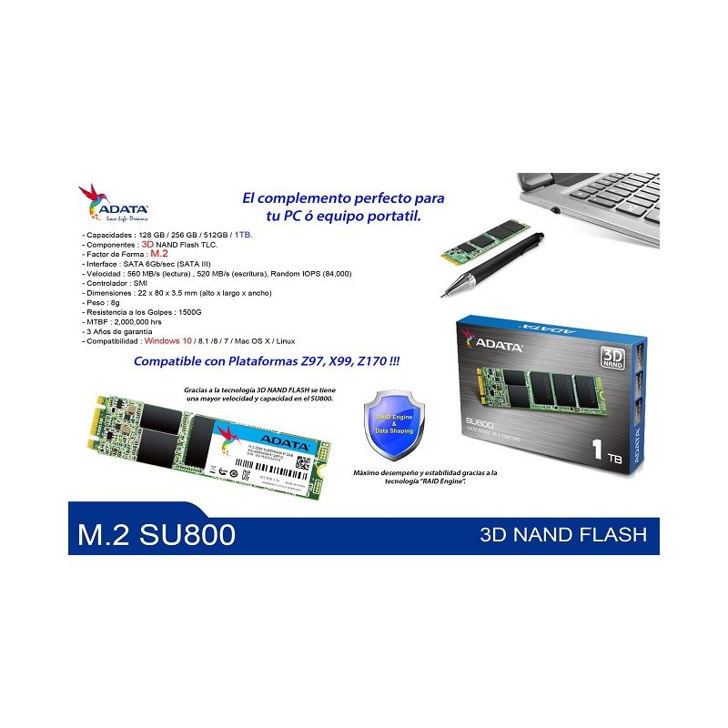 UNIDAD SSD M.2 ADATA SU800 2280 256GB (ASU800NS38-256GT-C)