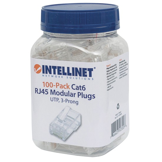 PLUG RJ45 CAT6 SOLIDO BOTE 100PZAS ORO 15-MICRAS INTELLINET 503006